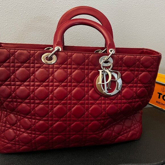 Christian Dior Lady Dior Large Cannage Tote in Deep Red Lambskin – Authentic, Li - Picture 1 of 13